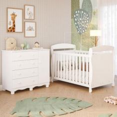 Imagem de Quarto de Bebê Completo Berço Americano Marquesa 3 em 1 Cômoda 1 Porta 4 Gavetas Junior 100% MDF