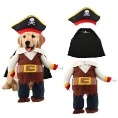 Imagem de NQEUEPN Fantasia de animal de estimação de Halloween, chapéu com estampa de crânio, fantasia de cachorro estilo pirata, roupa engraçada para cosplay de animais de estimação, fantasia de pirata para
