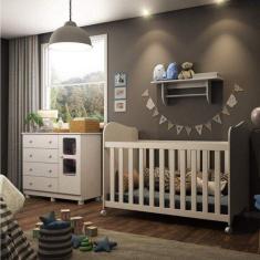 Imagem de Quarto de Bebê com Berço Cômoda com Janela e Prateleira 100% MDF Uli Móveis Peroba Branco Brilho