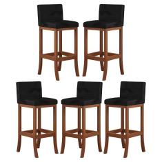 Imagem de Kit 5 Banquetas Alta Encosto Estofado 38x100 Cm Espanha Madeira Maciça Castanho Suede Preto CCS