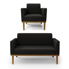 Imagem de Sofá Namoradeira com Poltrona Base de Madeira Fixa Castanho Marisa Suede Preto - D`Rossi