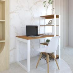 Imagem de Mesa Escrivaninha c/Estante 4 Prateleiras Licce Branco/Freijó