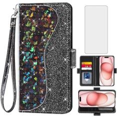 Imagem de Asuwish Capa de celular para iPhone 15 Plus de 6,7 polegadas com protetor de tela e porta-cartão flip com glitter com suporte para celular i-Phone 15+ iPhone15Plus 5G i i15 + iPhone15 15Plus mulheres