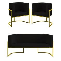 Imagem de Kit Sofá 2 Lugares + 2 Poltronas Recepção Veludo Dourado Preto