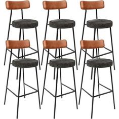 Imagem de Kit 06 Banquetas Alta Cozinha Sala De Jantar Milão L02 Couríssimo Camel Linho Chumbo - Lyam Decor