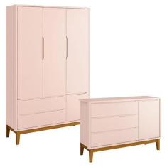 Imagem de Cômoda Infantil E Guarda Roupa 3 Portas New Classic Rosa Com Pés Madei
