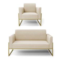 Imagem de Sofá Namoradeira com Poltrona Base Industrial Alta Dourado Marisa Suede Bege D03 - D'Rossi
