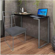 Imagem de Kit Escritório Stark Cadeira e Mesa Industrial Ferro Cinza Tampo MDF Rústico Suede Cinza - Ahz Móveis