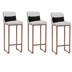 Imagem de Kit 03 Banqueta Alta com Encosto Lucca Industrial Cozinha Balcão Ferro Bronze Corino Branco e Almofada Cinza - Ahazzo Móveis