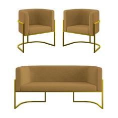 Imagem de Kit 2 Cadeiras Poltronas + Sofá 2 Lugares Base De Metal Dourado Capuccino