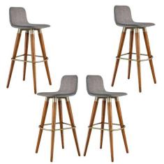 Imagem de Kit 4 Banqueta Alta Madeira Luxo Estofado Em Linho Cinza