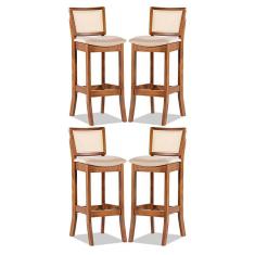 Imagem de Kit 4 Banquetas Alta de Madeira Imbuia Portugal com Encosto Estofado Linho Bege M58