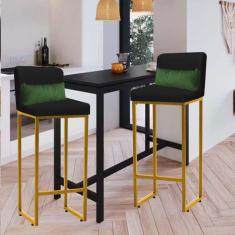 Imagem de Kit 02 Banqueta Alta com Encosto Lucca Industrial Cozinha Balcão Ferro Dourado Suede Preto e Almofada Verde - Ahazzo Móveis