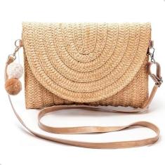 Imagem de Bolsa de Palha Pequena Acessório De Verão Praia Piscina Alça Transversal (Bege)