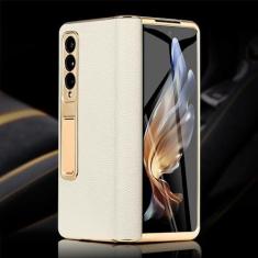 Imagem de Capa de telefone de couro para Samsung Galaxy Z Fold 5 4 3 Fold4 Fold5 Chapeamento de ouro com dobradiça magnética, capa traseira com filme espelhado, grão de lichia branco, para Galaxy Z Fold 4