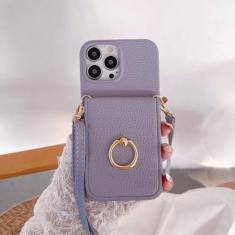 Imagem de Capa de telefone com suporte de anel para iPhone 15 14 Plus 13 12 11 Pro Max Bolsa de bolso Suporte para cartão de crédito Capa de couro com cordão crossbody, roxo claro, para iPhone 15