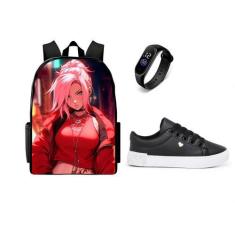 Imagem de Conjunto Escolar Casual Feminino Juvenil Mochila Relogio e Tenis Infan