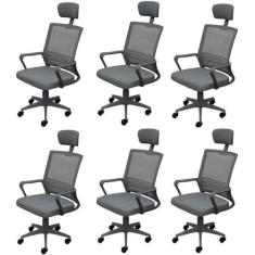 Imagem de Kit 6 Cadeiras para Escritório Presidente Lyon Alta em Tela Mesh Cinza