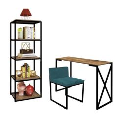 Imagem de Kit Escritório Bex 1 Cadeira Suede Azul Turquesa com 1 Mesa e 1 Livreiro Ferro Preto MDF Castanho - Ahazzo Móveis