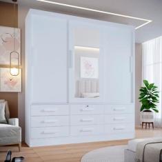 Imagem de Guarda Roupa Casal 3 Portas com Espelho Central 9 Gavetas 100% Mdf Atlanta Branco