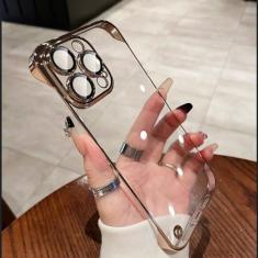 Imagem de Capa luxuosa transparente sem moldura ultrafina para iPhone 15 14 Plus 13 12 11 Pro Max Capa de proteção rígida transparente para câmera, dourada, para iPhone 12 Pro