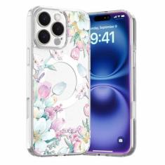 Imagem de Akeivare Capa para iPhone 16 Pro Max Magsafe, capa fina floral à prova de choque rígida fofa PC + TPU bumper feminina capa magnética flor