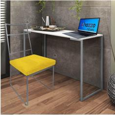 Imagem de Kit Escritório Stark Cadeira e Mesa Industrial Ferro Prata Tampo MDF Branco Corino Amarelo - Ahz Móveis