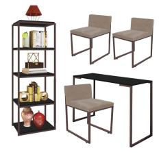 Imagem de Kit Escritório Ravi 3 Cadeiras Suede Bege com 1 Mesa e 1 Livreiro Ferro Marrom MDF Preto - Ahazzo Móveis