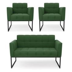 Imagem de Kit 1 Sofá Namoradeira E 2 Poltronas Elisa Suede Verde Base Metálica I