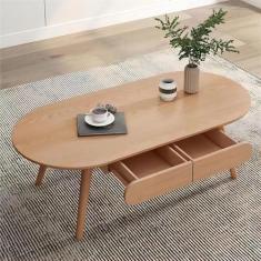 Imagem de Mesa de centro oval moderna, mesa central de madeira com duas gavetas, para apartamentos pequenos, salas de estar, quartos e escritórios, fácil montagem