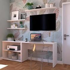Imagem de Conjunto Home Office com Escrivaninha, Estante Baixa e 3 Prateleiras Bramov Branco
