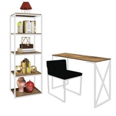 Imagem de Kit Escritório Bex 1 Cadeira Sintético Preto com 1 Mesa e 1 Livreiro Ferro Branco MDF Imbuia - Ahazzo Móveis