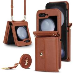 Imagem de Capa de telefone de couro com cordão crossbody para Samsung Galaxy Z Flip 5 4 3 Flip5 Flip4 Flip3 Carteira com suporte para cartão Capa à prova de choque, marrom, para Galaxy Z Flip4