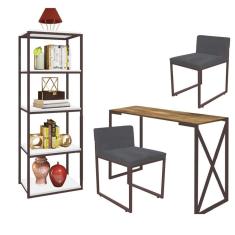 Imagem de Kit Escritório Bex 2 Cadeiras Suede Cinza com 1 Mesa e 1 Livreiro Ferro Marrom MDF Freijó - Ahazzo Móveis