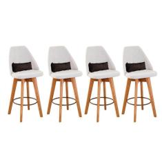 Imagem de Kit 04 Banquetas Alta Maya Giratória Com Encosto Linho Bege Claro e Almofada Suede Marrom - Aurora Line