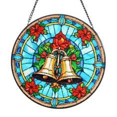 Imagem de Sino de Natal, apanhador solar de vitral, pintado à mão, sino de 20 cm, ornamentos decorativos de Natal, apanhador de sol para janela, vitral, pendurar na janela, presente para decoração de casa de