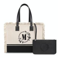 Imagem de TOPDesign Bolsa feminina de lona inicial, presente de aniversário personalizado, bolsa casual com borla e bolsa de mão, Preto e branco, Large