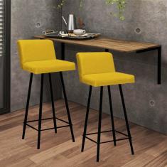 Imagem de Kit Mesa Suspensa de Parede Fixa MDF Freijó + 2 Banquetas Lexi Ferro Preto Corino Amarelo - Ahazzo Móveis