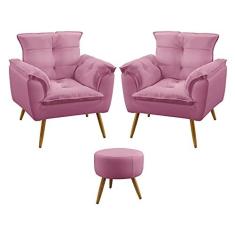 Imagem de Kit 2 Poltronas Decorativas Estofada Para Sala De Estar Opala e Puff Solar Sued Rosê Aradecor