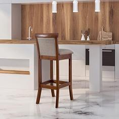 Imagem de Banqueta Alta Estofadas Com Encosto 36 x 100 Cm Mônaco Madeira Maciça Imbuia Linho Bege M58 - RMI