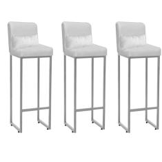 Imagem de Kit 03 Banqueta Alta com Encosto Lucca Industrial Cozinha Balcão Ferro Cinza Corino Branco e Almofada Branco - Ahazzo Móveis