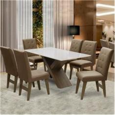 Imagem de Conjunto Mesa de Jantar Off White Dubai 1,60m MDF com 6 Cadeiras Castanho / Cacau