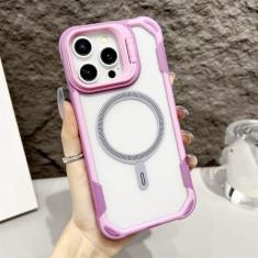 Imagem de Suporte de câmera capa transparente acrílica magnética para iPhone 15 13 Pro Max 14 Plus Capa de telefone transparente em cor contrastante, rosa, para iPhone 14 Pro