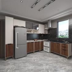 Imagem de Cozinha Completa 8Peças C Vidro Reflecta Tampos E Sem Pia Luciane Móveis Cinammon-beige-escarlate