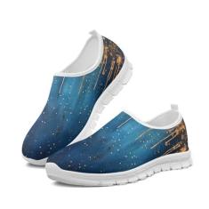 Imagem de GOSTONG Tênis feminino sem cadarço casual para casa mocassim leve malha respirável macio tênis de corrida branco EUA 5,5-11,5, Tinta azul e dourada, 41