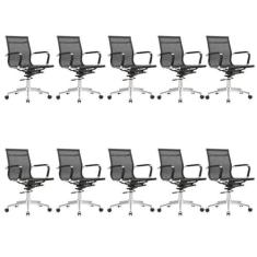 Imagem de Kit 10 Cadeiras para Escritório Diretor Giratória Aço Cromado Sidney Preto
