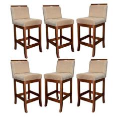 Imagem de Kit 6 Banquetas Média para Cozinha Americana Turim Madeira Castanho Suede Bege CCS