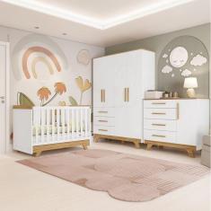 Imagem de Quarto de Bebê Completo com Cômoda Berço e Guarda Roupa 100% Mdf Retrô Kakau Espresso Móveis Branco Brilho/Amêndoa