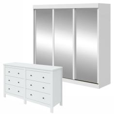 Imagem de Conjunto de Guarda-Roupa 3 Portas 3 Gavetas Saion Plus Super Glass e Cômoda 6 Gavetas Maggiore New Branco