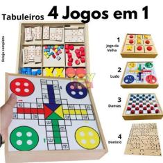 Imagem de Jogo Tabuleiro 4 Em 1 Madeira - Ludo, Damas, Velha, Dominó - Zaramela